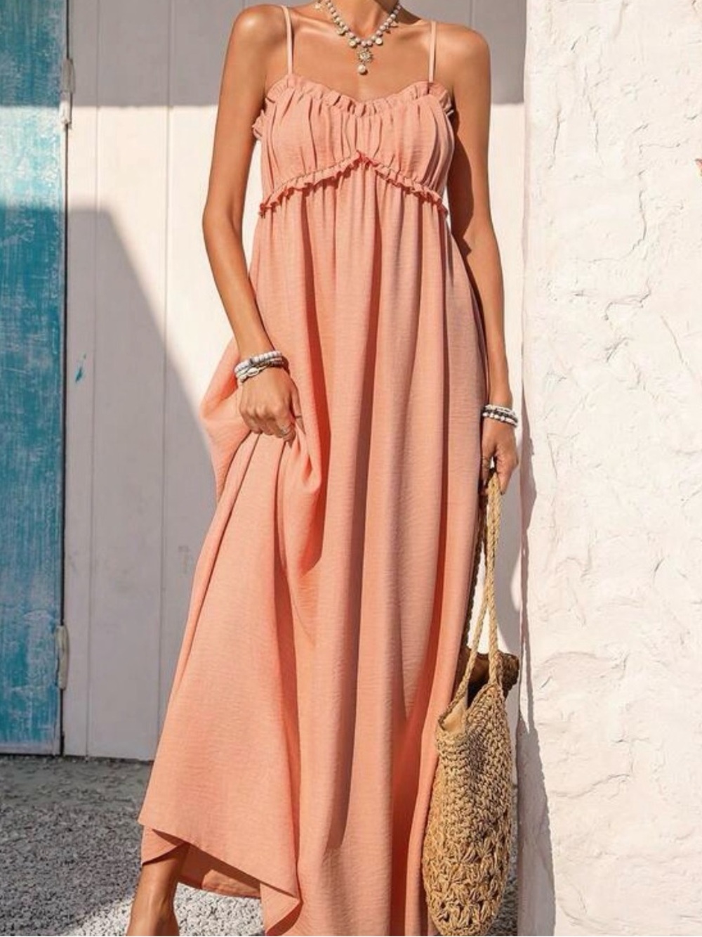 Sleeveless Peach Maxi Sundress with Ruffle Detail worn once